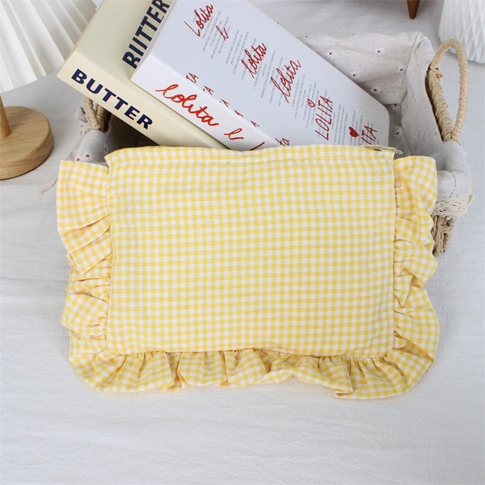 Wholesale Yellow Gingham Ruffle Trim Makeup Bag Large Capacity Portable Cosmetic Organizer For Everyday Use And Boutique Resale