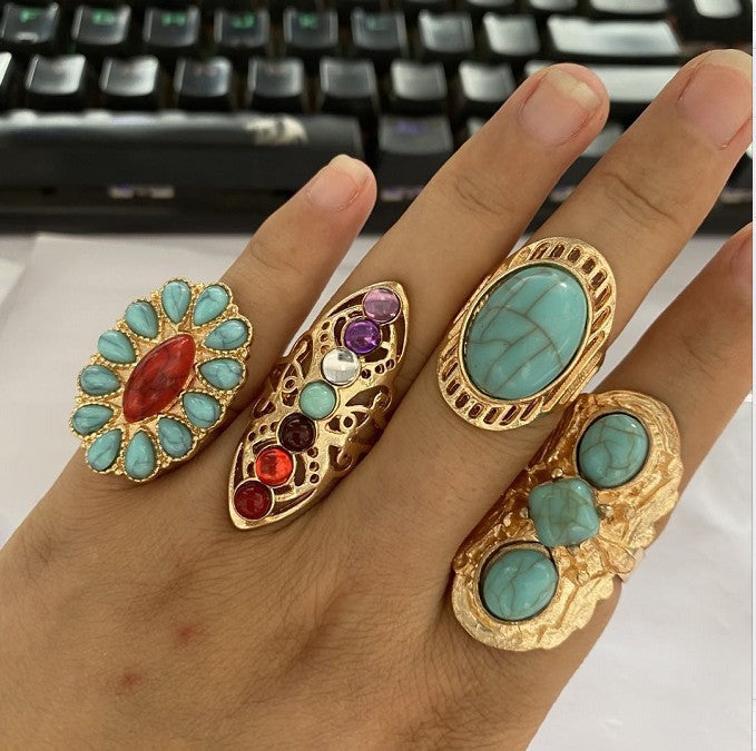 Wholesale Turquoise Carved Feather Ring Set