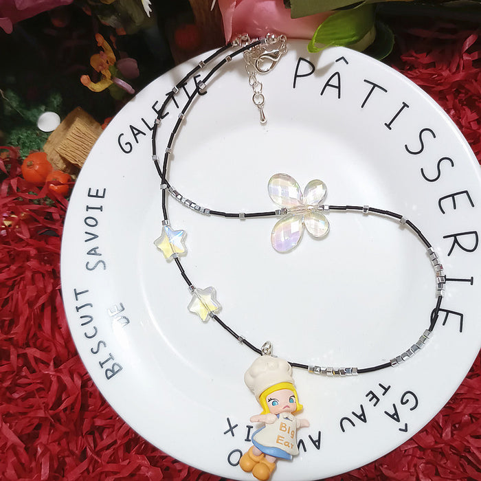 Wholesale Crystal Beaded Cute Bubble Mart Cute Ballet Croissant Doll Short Necklace Necklace for Women