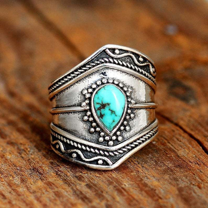Wholesale Vintage turquoise irregular ring, personalized droplet shaped exaggerated accessory