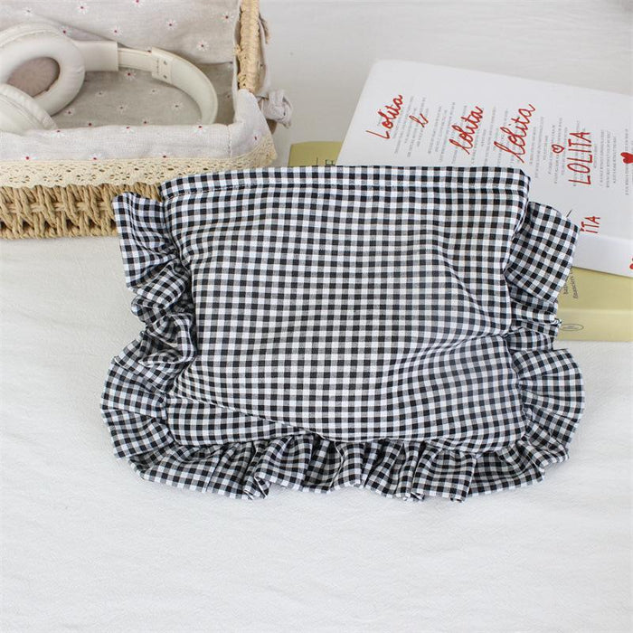 Wholesale Yellow Gingham Ruffle Trim Makeup Bag Large Capacity Portable Cosmetic Organizer For Everyday Use And Boutique Resale