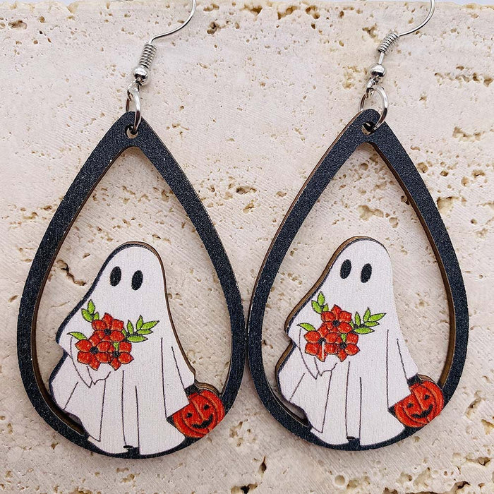 Wholesale Wooden earrings with ghost pumpkin print pendant earrings,  new  wooden earrings