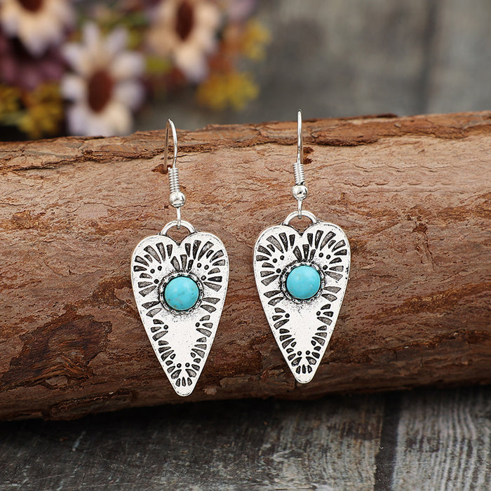 Wholesale  Bohemian Style New Heart-Shaped Inlaid Turquoise Earrings