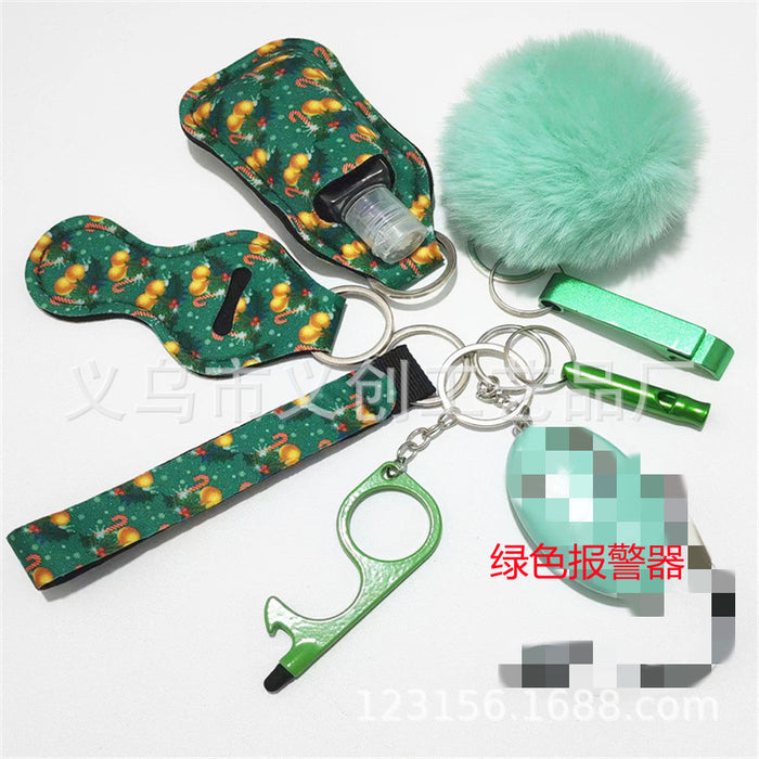 Wholesale Stylish Women S Christmas Pattern Self Defense Keychain 9 Piece Set With LED Alarm Metal Electroplated Party Gift And Decorative Accessory