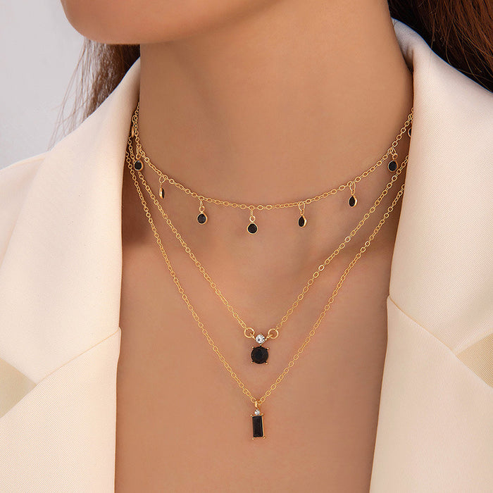 Wholesale Jewelry Color Diamond Pendant Multi-layer Necklace Geometric Imitation Gemstone Inlaid Three-layer Necklace