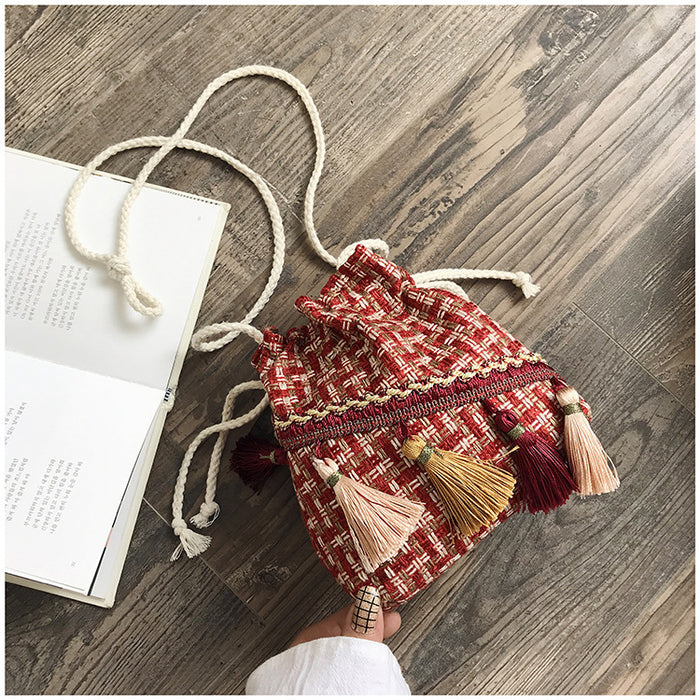 Wholesale Cotton Bucket Bag with Tassel for Women Ethnic Style
