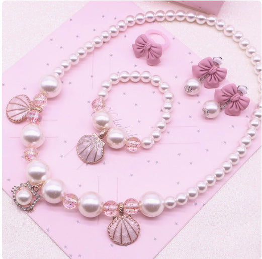 Wholesale children princess bow shell pearl necklace suit