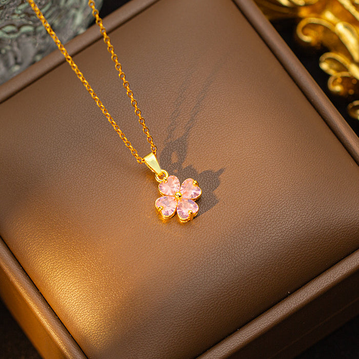 Wholesale Copper-set zircon four-leaf clover colored Titanium steel pendant necklace and earring set