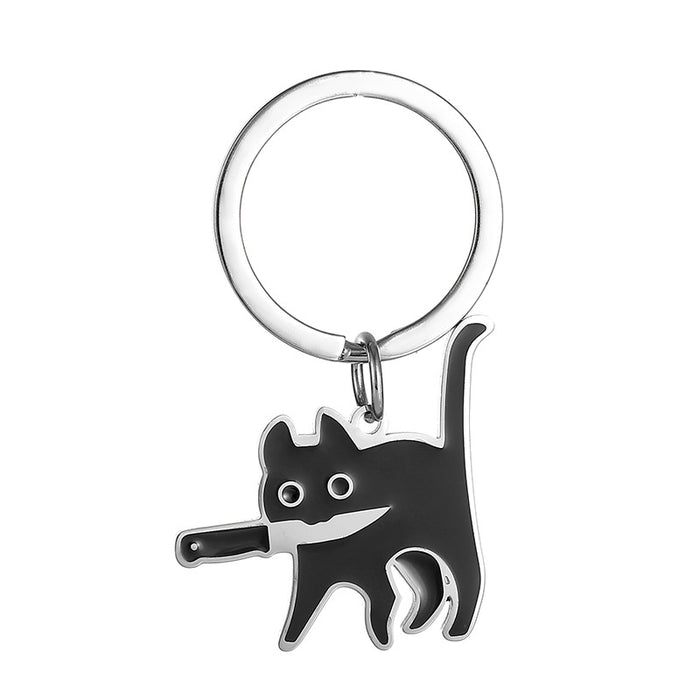 Wholesale Black Cat Holding Knife Stainless Steel Keychain JDC-KC-JinZ004