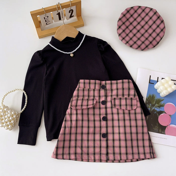 Wholesale Puff Sleeve Top Pink Plaid Short Skirt Children's Set JDC-CTS-DuoEr008