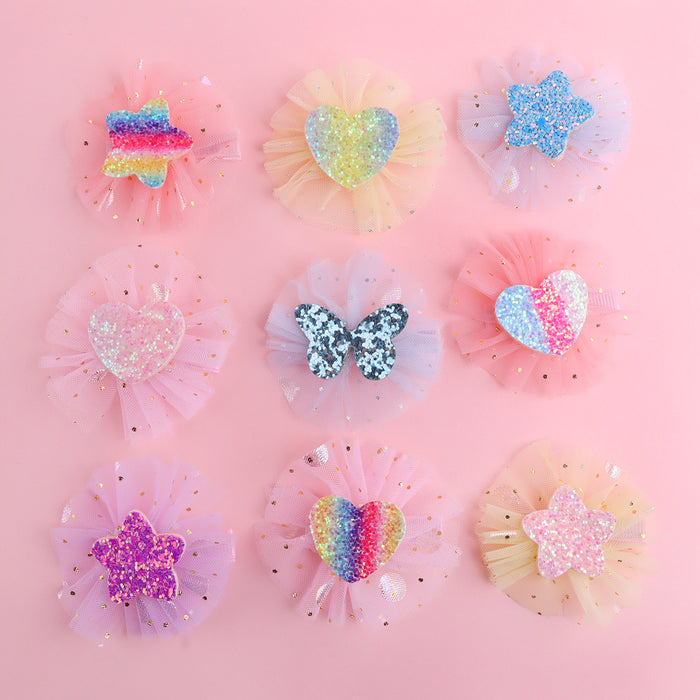 Wholesale  Children's Hair Accessories Duckbill Clip Glitter Powder Chiffon Mesh  Hairpin