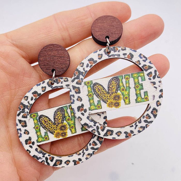 Wholesale Wooden Earrings Hollow Sunflower  Personalized Leopard Print Striped Retro Earrings