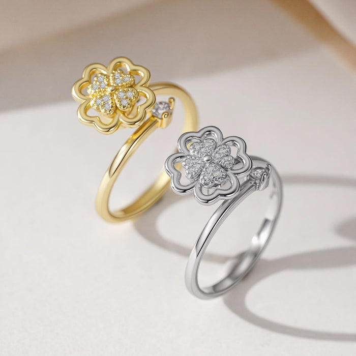 Wholesale Eco-Friendly Copper Plated Four-Leaf Clover Rotating Adjustable Ring