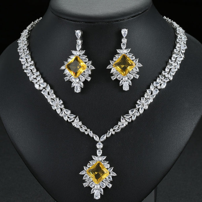 Wholesale Zircon Necklace Earrings suit Wedding Dinner High-end Jewelry Square Decoration Women' s
