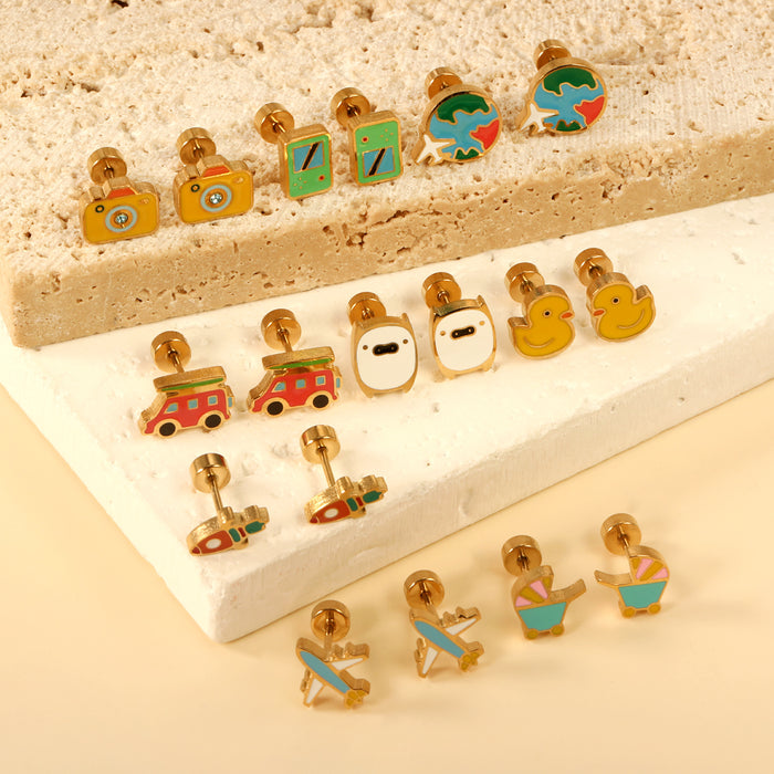 Wholesale Cute Animal Earrings Sweet Style Cartoon Colorful Yellow Duck Electroplated Stainless Steel Earrings