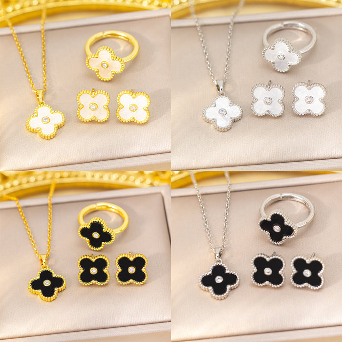 Wholesale Copper Inlaid Zircon Four-Leaf Clover Jewelry Set MOQ≥2