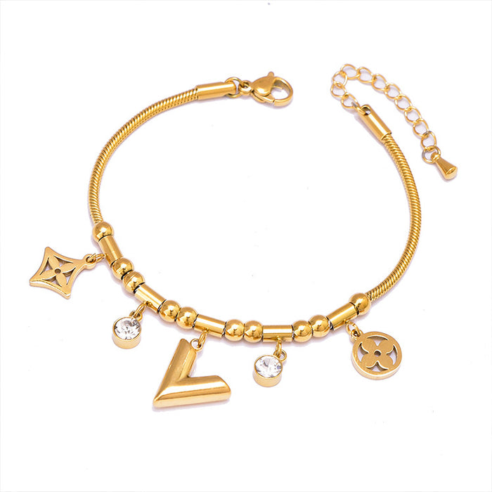 Wholesale Bear Full Diamond Love Clover Titanium Steel 18k Gold Bracelet JDC-BT-JinL008