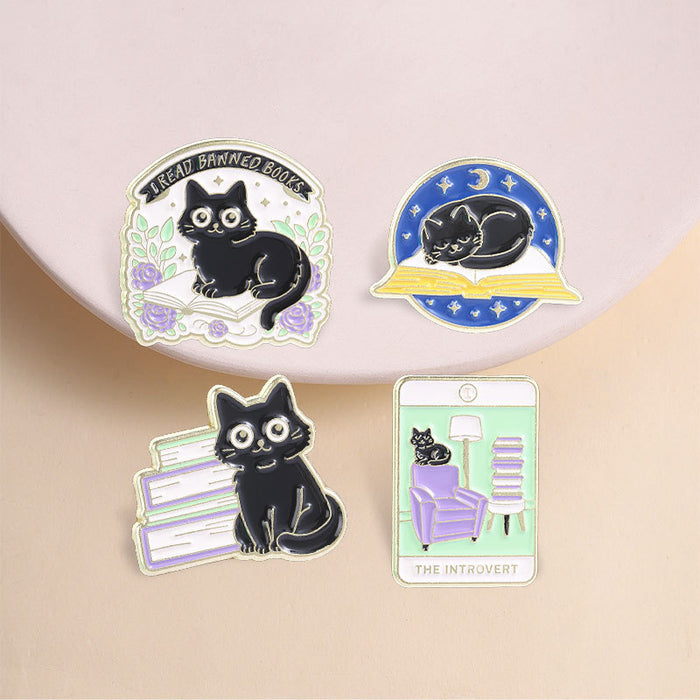 Wholesale Black Cat Reading Brooch Zinc Alloy Enamel Pin For Book Lovers Chic Fashion Accessory