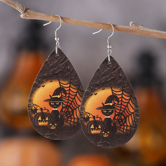 Wholesale  Gothic Style Skull  Web Black Cat Grimace Pumpkin Earrings Leather Earrings