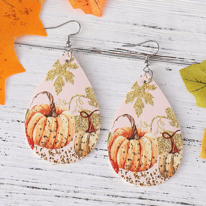 Wholesale Thanksgiving turkey pumpkin maple leaf water drop pu leather earrings