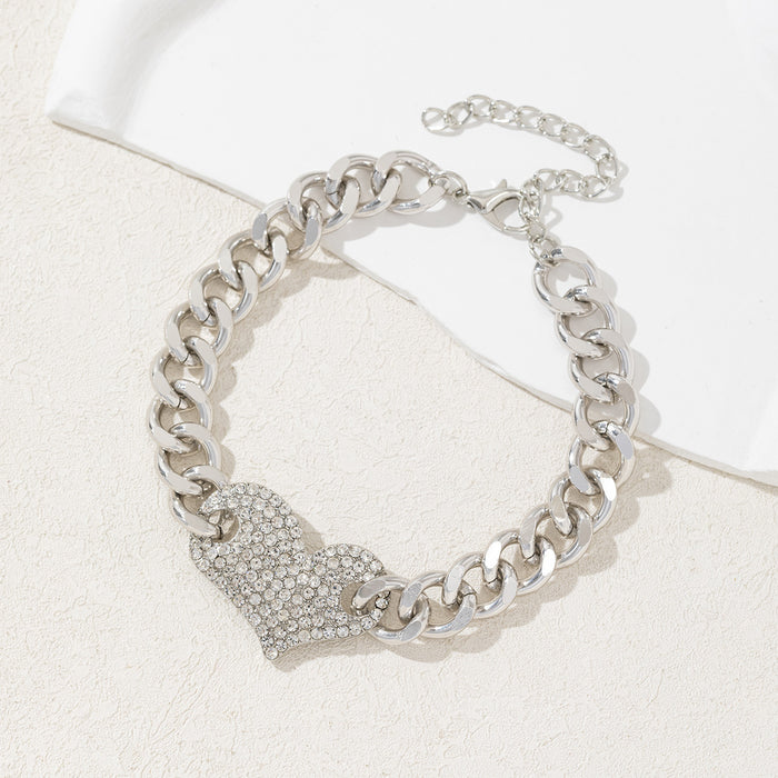 Wholesale New Fashion Alloy Diamond Inlaid Love Cuban Bracelet Light Luxury Versatile Peach Heart Handmade Bracelet