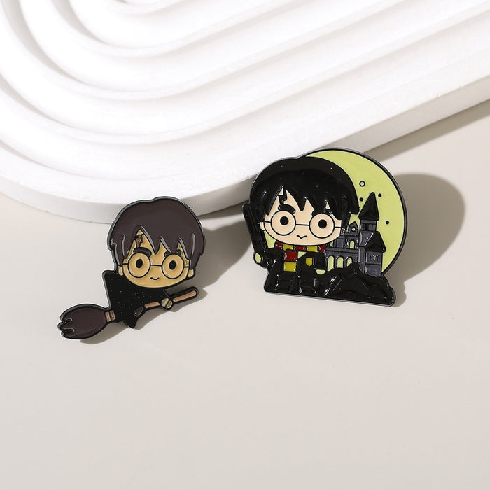 Wholesale Trendy Cute Cartoon Magic Character Riding Broom Metal Brooch Pin Stylish Jewelry Accessory