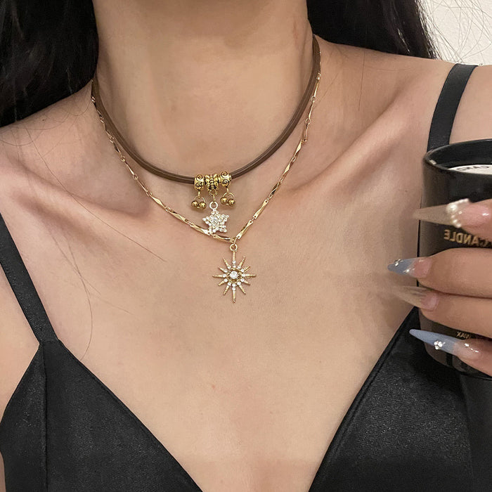 Wholesale Maillard sun star necklace for women, niche, light luxury, ins, cold style necklace, retro double-layered clavicle necklace