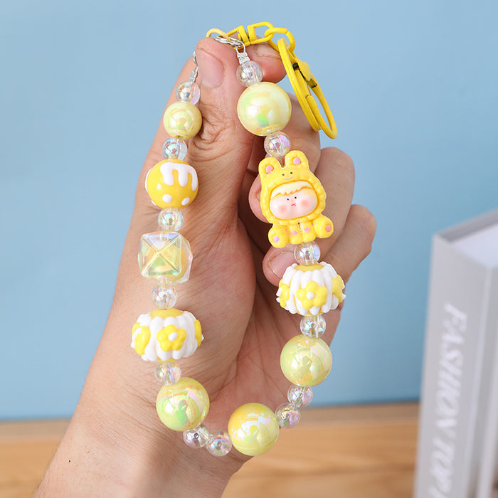 Wholesale Acrylic Bead Keychain Cute Cartoon Pink Phone Strap Decorative Accessory MOQ≥2