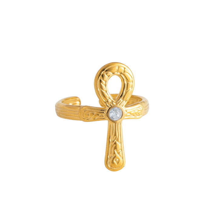 Wholesale Key of Life Anka Cross Open Ring Diamond Stainless Steel Ring