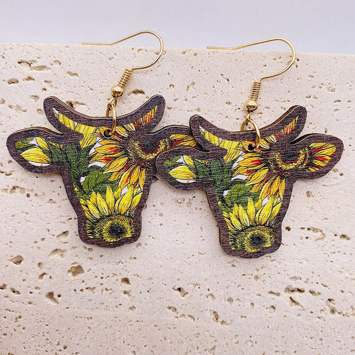 Wholesale Western Bull Head Sunflower Wooden Earrings JDC-ES-Chengy033