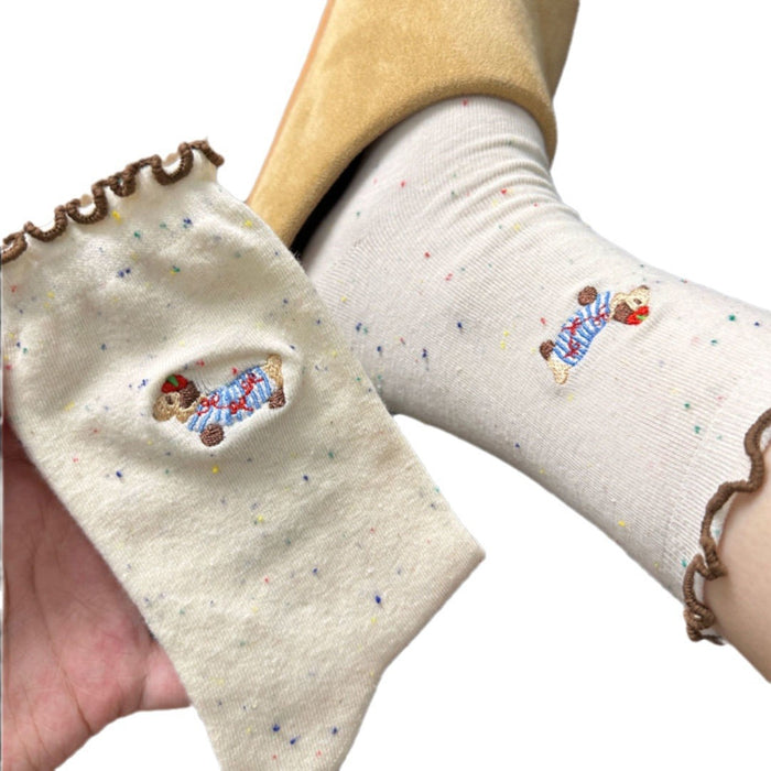 Wholesale Cartoon Socks All-Match Lace Mid-Socks Cute Original Design Point Yarn Stacked Socks