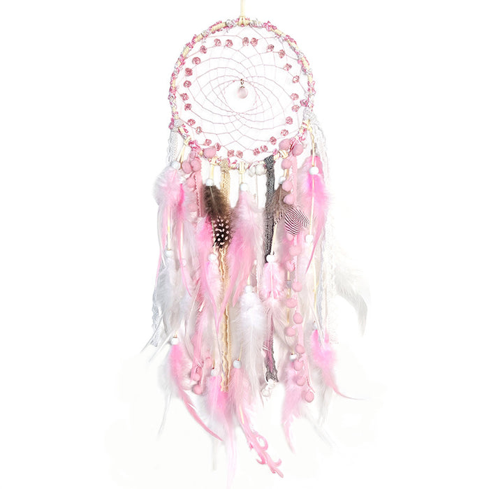 Wholesale Handmade Dream Catcher with Feathers and Glass Beads Pink Living Room Hanging Decor MOQ≥2