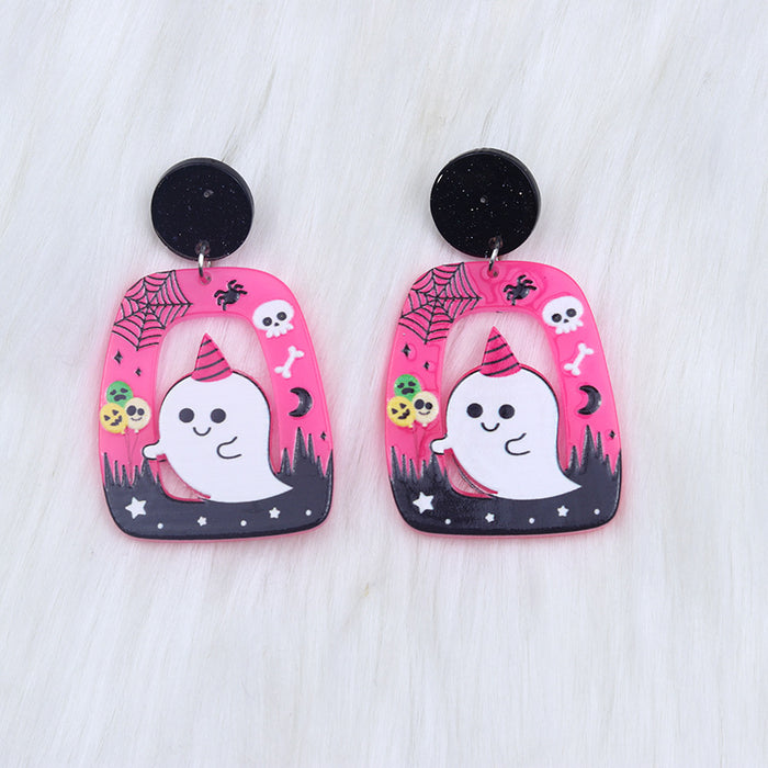 Wholesale Halloween 2023 New Square Round Hollow Earrings Acrylic Cartoon Ghost Pumpkin Cat Earrings JDC-ES-DuAi012