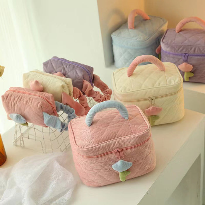 Wholesale Makeup bag with corduroy flowers, portable and large capacity for outdoor use