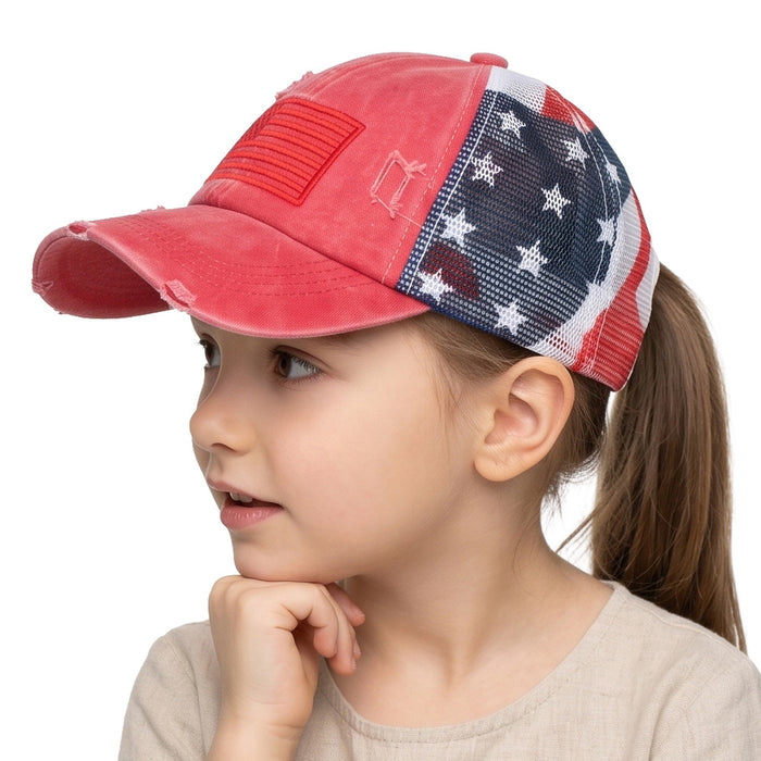 Wholesale Stylish Distressed American Flag Embroidered Children' s Baseball Cap Navy Blue Sun Protection