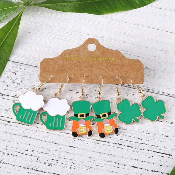 Wholesale St.Patrick's Day Clover Earring Set 3 Pairs Alloy Drip Oil Jewelry Accessory