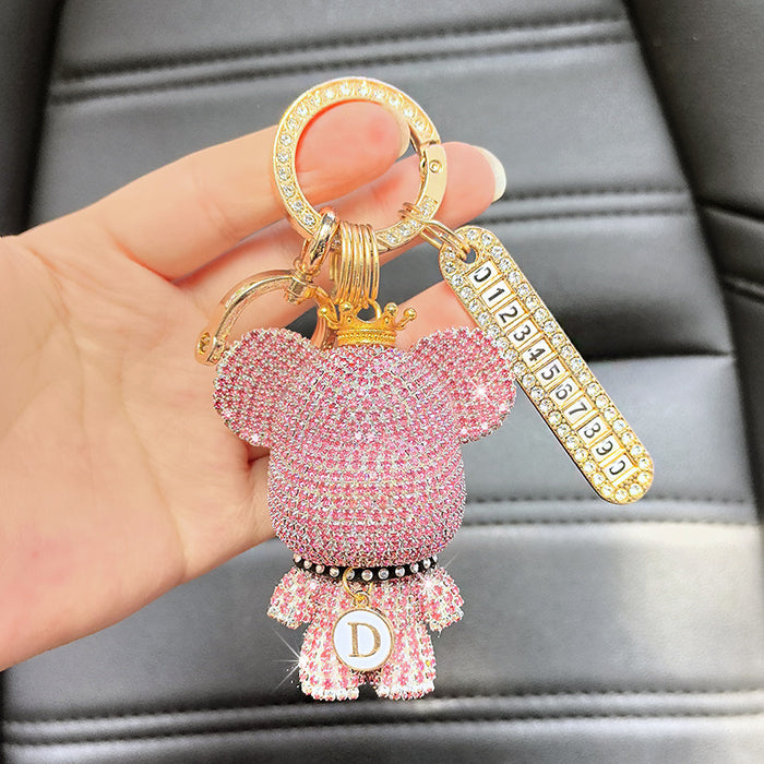 Wholesale Car Keychain Full Diamond Cartoon Big Head Bear Key Chain Letter Cartoon Exquisite Girl Key Pendant Gift