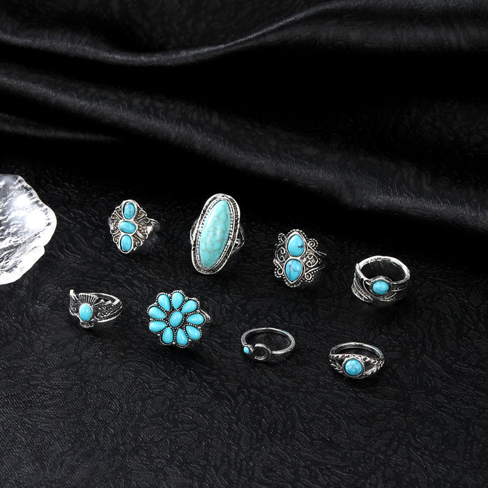 Wholesale Vintage Bohemian Turquoise 8 PCs Set Ring