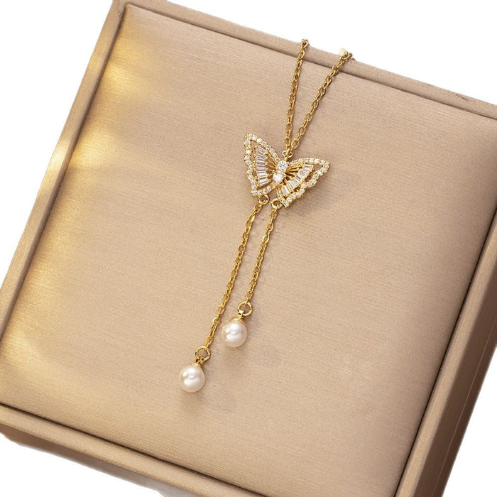 Wholesale Necklace, butterfly tassel, niche, simple, fashionable temperament, titanium steel lock chain