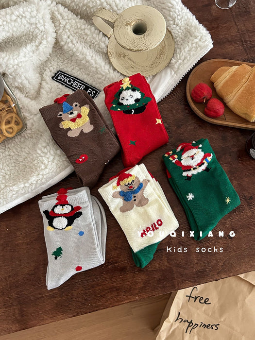 Wholesale Children' s cartoon-patterned red mid-calf socks,  perfect for Christmas and New Year.