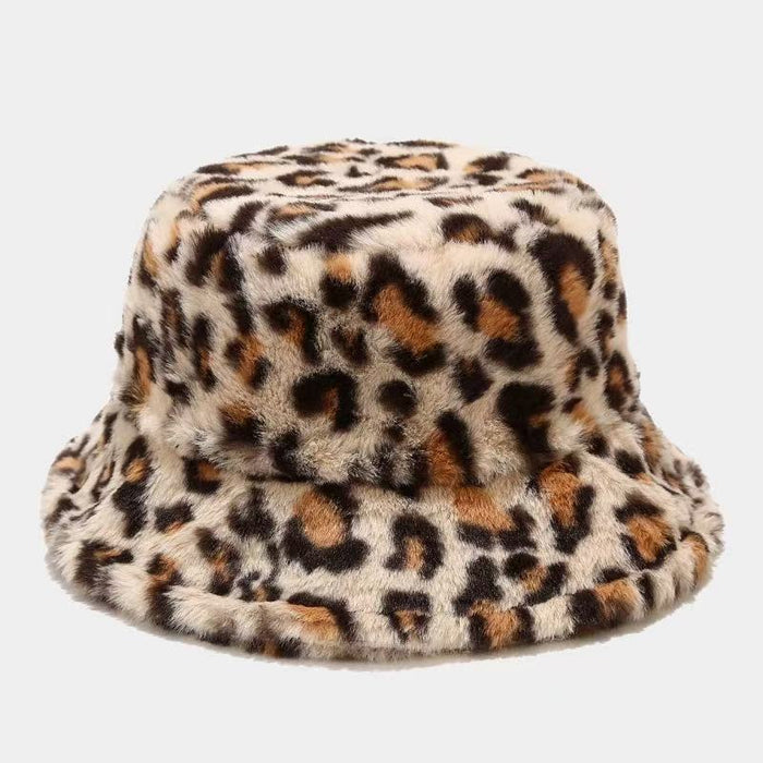 Wholesale Women' s winter face-enhancing leopard print bucket hat women' s versatile warm basin hat plush bucket hat