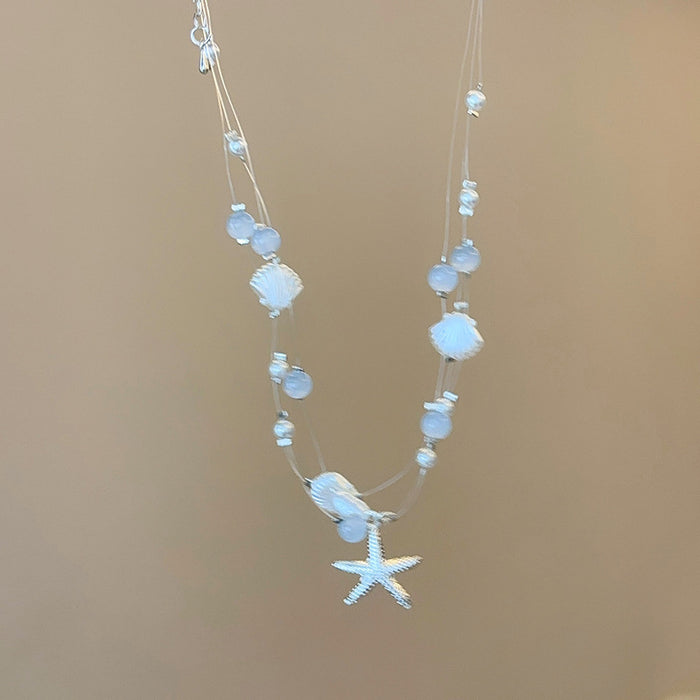 Wholesale Sea star shell pearl necklace, beach vacation layered collarbone chain, necklace accessories