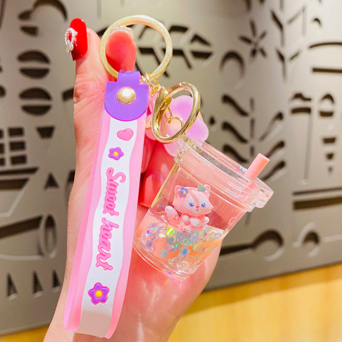 Wholesale Acrylic Oil Filled Little Fox Milk Tea Bottle Cartoon Keychain JDC-KC-RunX015