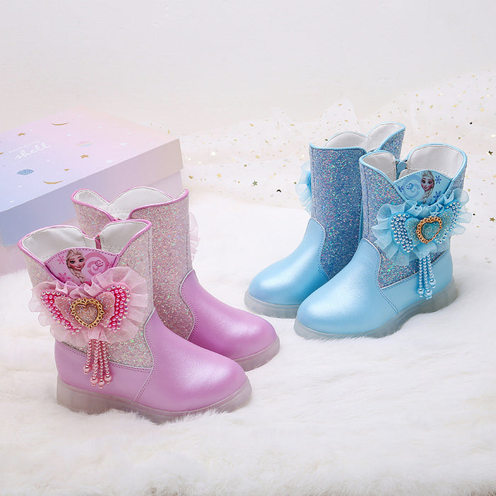 Wholesale Children's Leather Boots Barbie Pink Princess Girl Sequins Bow Bead Warm High Top Cotton Boots JDC-KS-SB009