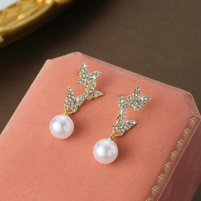 Wholesale New butterfly studded diamond earrings with temperament, long style, high-end feel, light luxury, fashionable and atmospheric pearl earrings