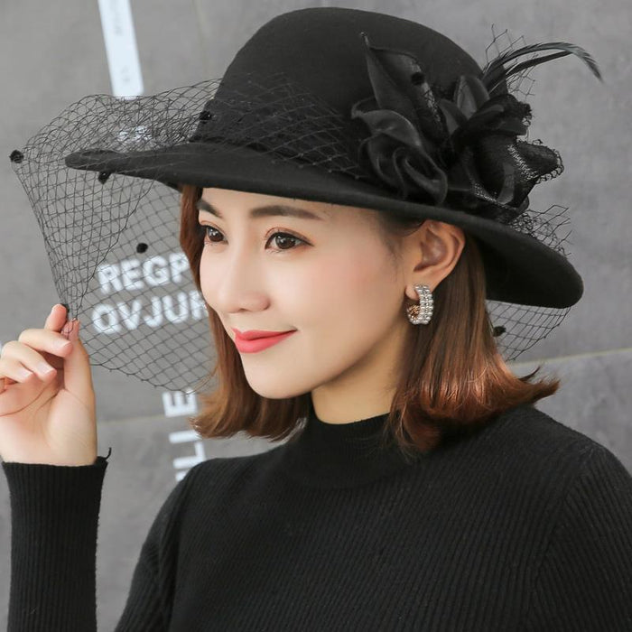 Wholesale Women's Large Brimmed Autumn/winter Woolen Hat Mesh Vintage Black Round Top Pillbox Hat