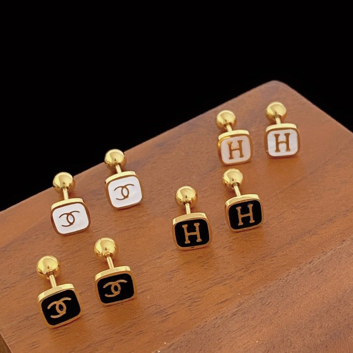 Wholesale Square H Letter Glaze Shell Titanium Steel Earrings JDC-ES-YuHe006