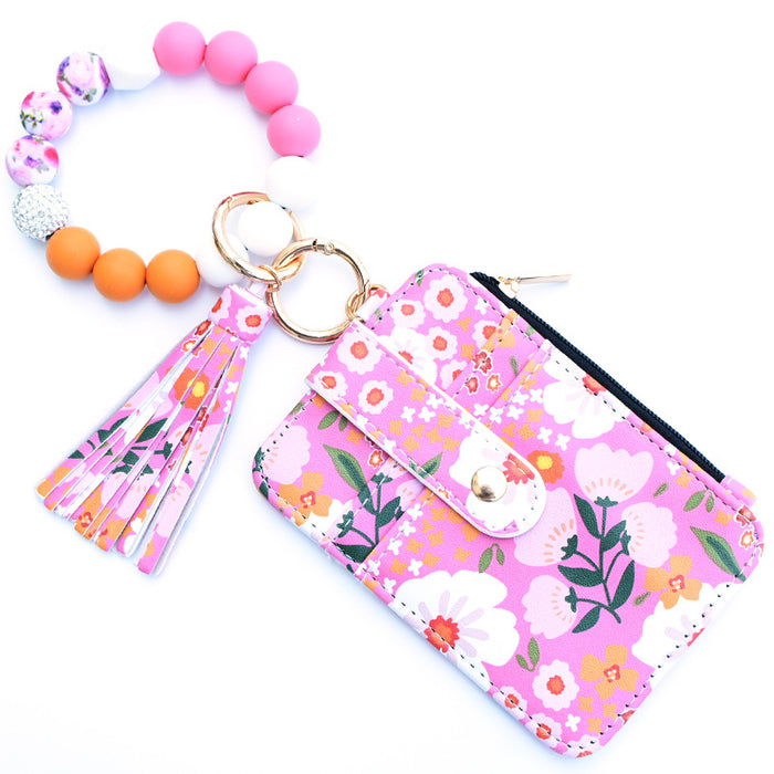 Wholesale PU Women's Leather Coin Purse Card Holder Silicone Wrist Daisy Floral DIY Beaded Women's Keychain