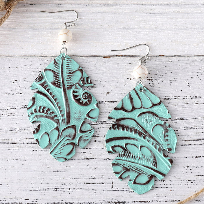 Wholesale Leather Bohemian Leaf Pattern Turquoise ing Earrings Boutique Resale Jewelry