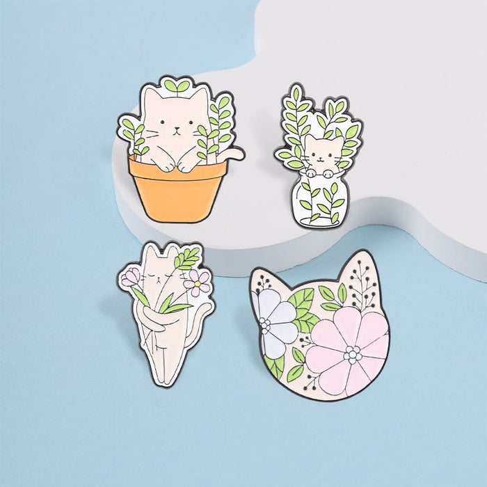 Wholesale Chic Zinc Alloy Cat Floral Brooch Pin Cartoon Potted Plant Enamel Badge Trendy Fashion Accessory
